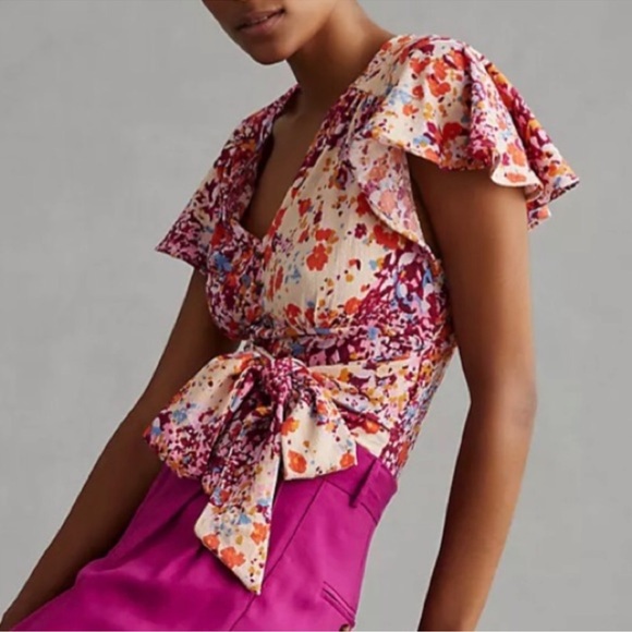 34. Anthropologie Floral Flutter Sleeves Cropped Smocked Top Blouse Medium - Picture 2 of 7